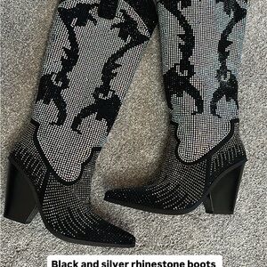 Black and Silver Rhinestone Heeled Boots